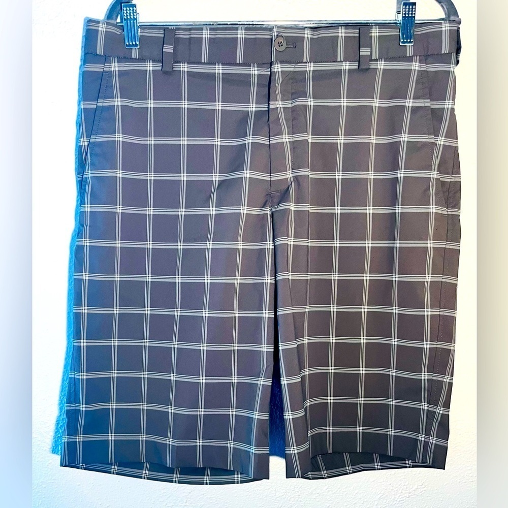 Nike Golf Shorts Mens 34 Performance Stretch Windowpane Check Brown Swoosh Logo